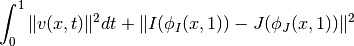 \int_0^1  \|  v( x , t ) \|^2  dt  + \|  I ( \phi_I(x,1) ) - J(
\phi_J(x,1) ) \|^2